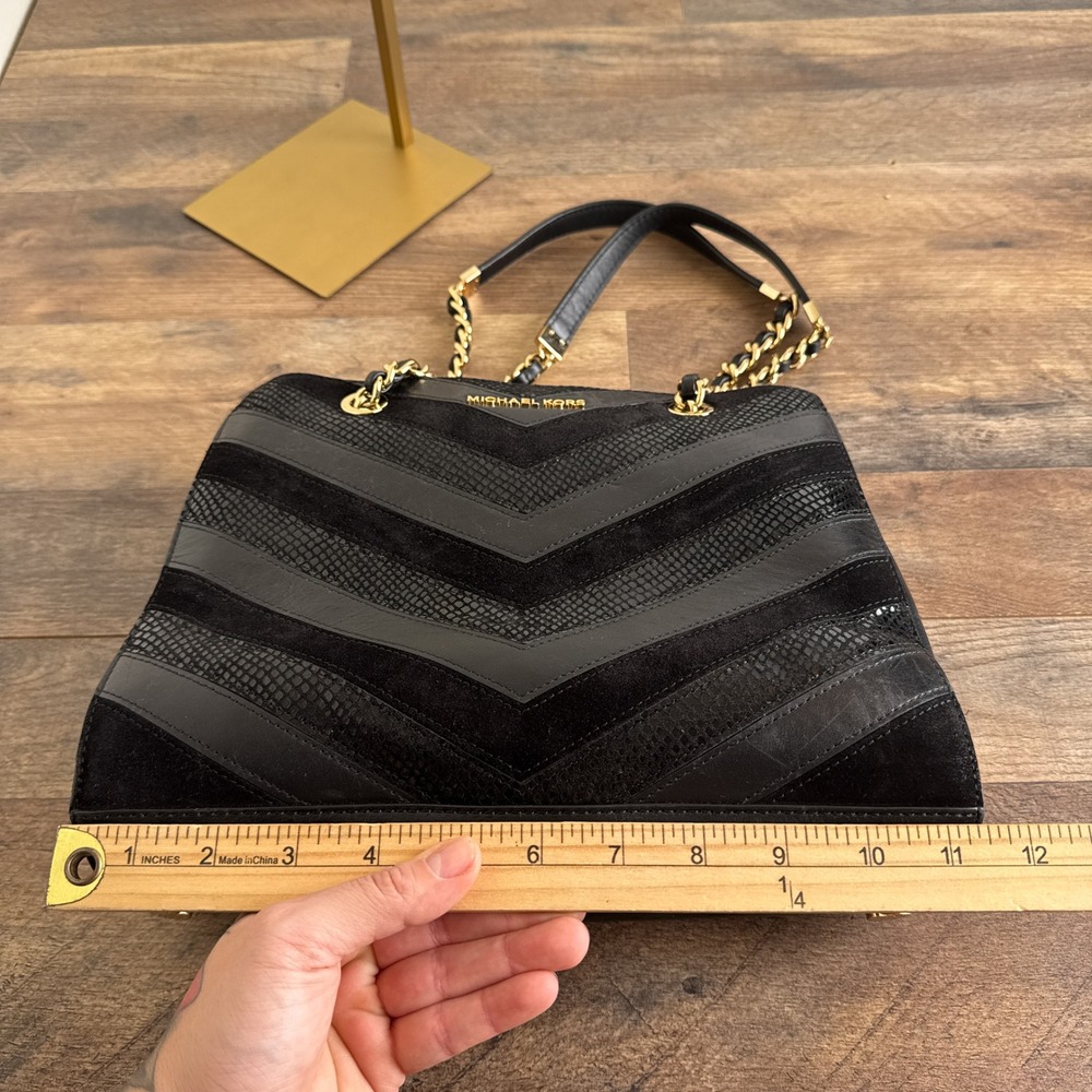 Michael‎ Kors Susannah Chevron Black Tote Bag Patchwork Snakeskin Embossed - Picture 6 of 16